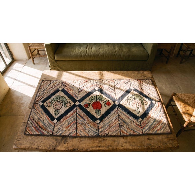 1930s Camel Geometric Folk Art Antique American Hooked Rug 2' 0'' X 3' 10'' Woven Wool Carpet For Sale - Image 12 of 13