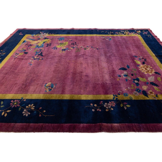 1920s Antique Chinese Art Deco Rug With Floral Branches in Magenta and Navy Blue For Sale - Image 11 of 13
