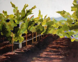 “Early Harvest" Impressionist Napa Valley California Wine Country Vineyard Landscape in Rust, Green by Mill Valley Artist Mary Anne McKernie