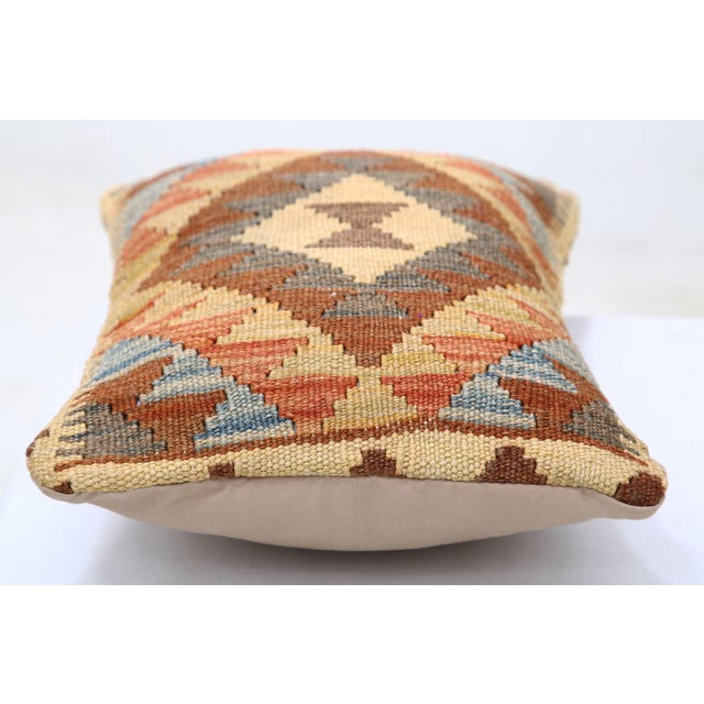 Tribal Arteverk Handwoven Afghan Kilim Lumbar Pillow — Orange & Red Diamond Medallion For Sale - Image 3 of 3