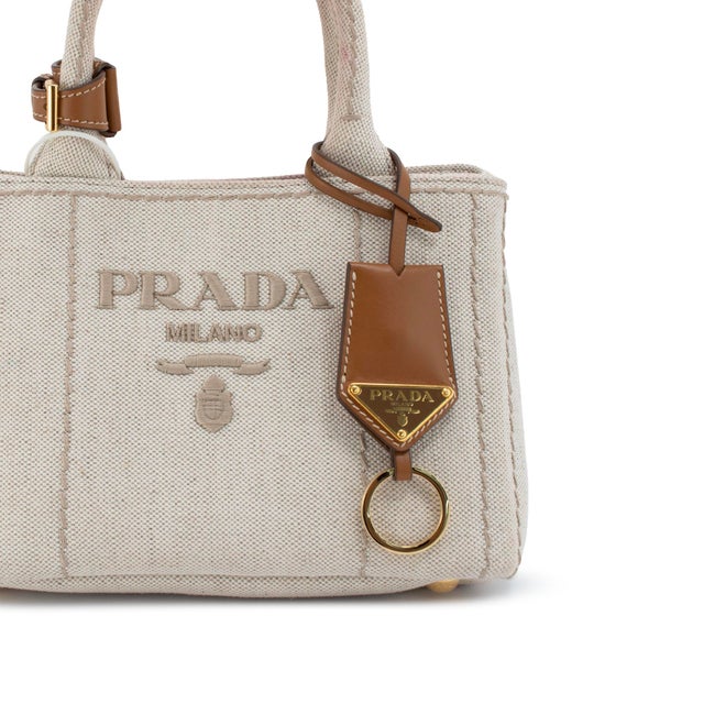 Prada Jardinière Natural Cotton Canvas Leather Trim Mini Handbag For Sale - Image 10 of 13