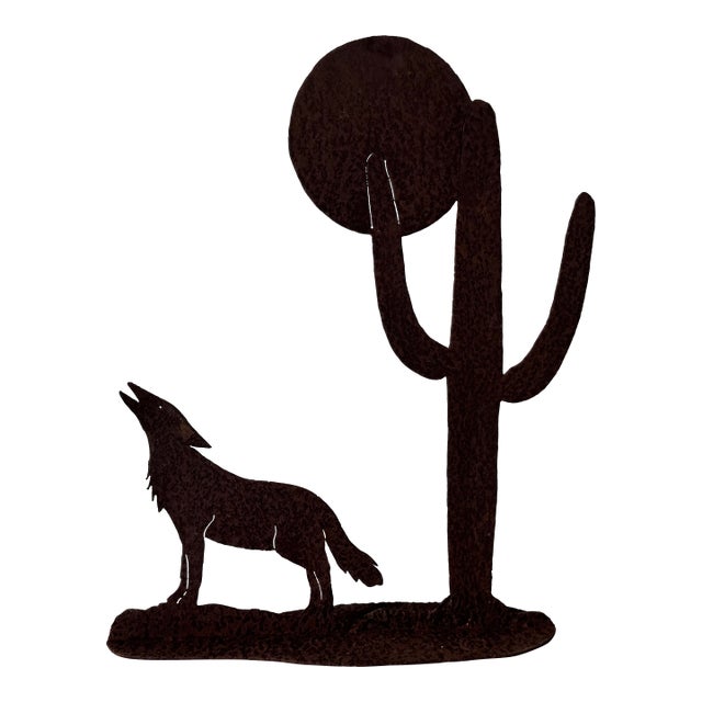 Vintage Southwest Howling Coyote and Cactus Brutalist Metal Sculpture For Sale