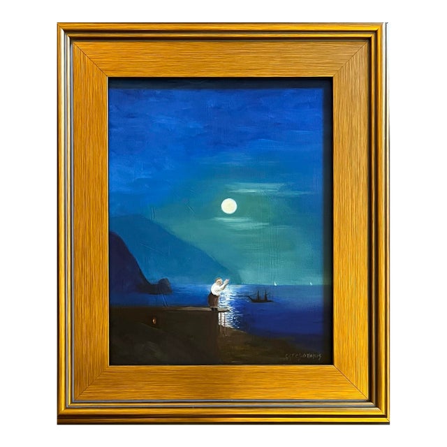 Oil Painting of a Man Reading a Letter in the Moonlight by Satori Gregorakis For Sale