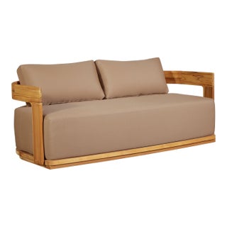 Eclipse Outdoor Solid Teak Wood Love Seat - Light Brown Fabric For Sale
