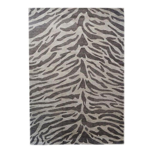 Nepalese Modern Wool & Silk 10X14 Gray & Brown Zebra Print Handmade Area Rug #1143856 For Sale