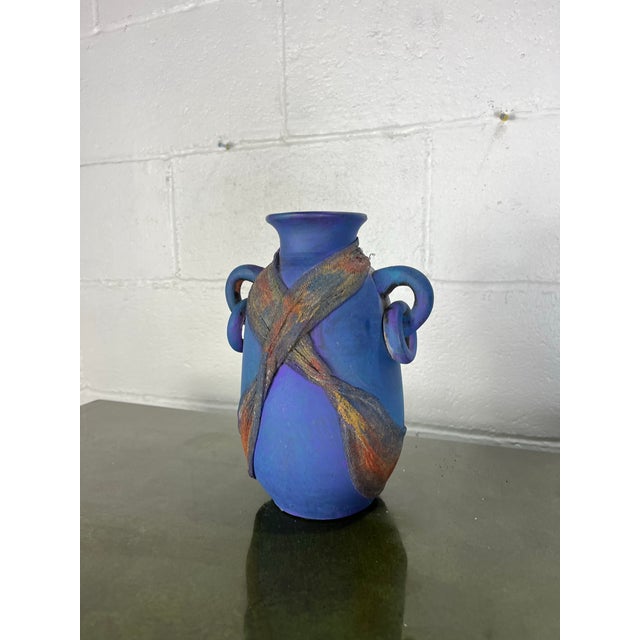 Contemporary 1980s Studio Art Pottery Raku Amphora Vase in Iridescent Cobalt Blue For Sale - Image 3 of 6
