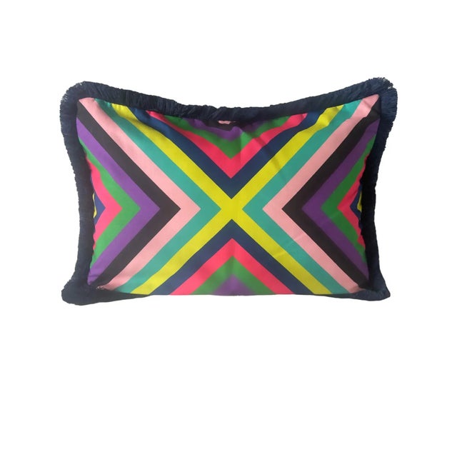 Colorful 16 X 22 Caribbean Multi Stripe Pillow Cover With Navy Brush Fringe | Striped Pillow Cover | Christi Tasker...
