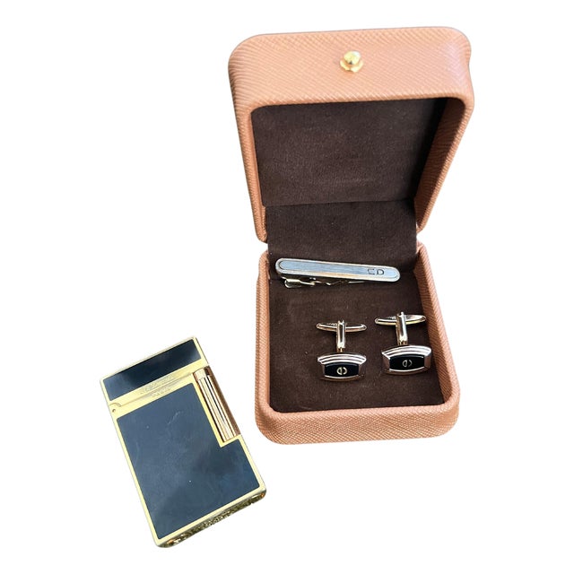 Rare Vintage Dupont Lighter & Christian Dior Cufflinks & Neck Tie Gift Set For Sale