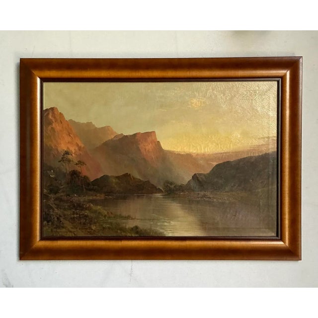 This evocative oil painting captures a stunningly dramatic scene, reminiscent of the Romantic landscapes favored by the...