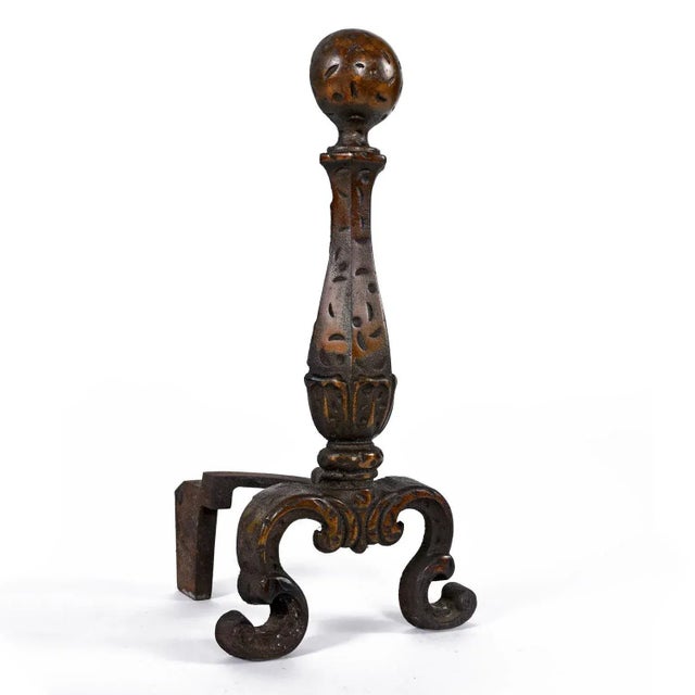 Pair of Fire Dogs Andirons With Hammered Texture and Cannonball Crown For Sale - Image 4 of 8