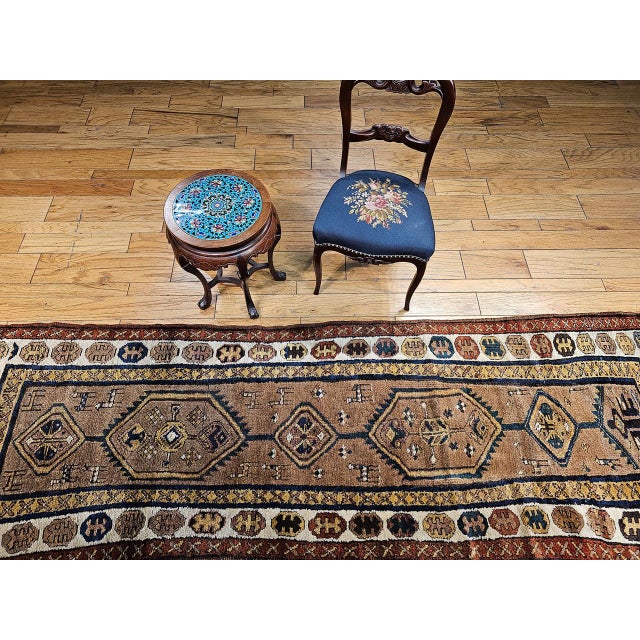 19th Century Antique 19th C. Persian Kurdish Tribal Runner Rug, Hand-Knotted Wool, Geometric Pattern, 3x10, Camelhair & Ivory For Sale - Image 5 of 15