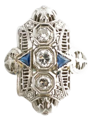 Mid 20th Century 18k White Gold 3 Old European Cut Diamond and Synthetic Sapphire Ring, Size 4.25