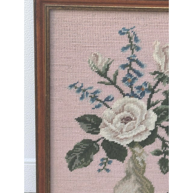 Mid 20th Century Vintage Hand-Stitched Floral Bouquet in Vase Framed Needlepoint Panel For Sale - Image 5 of 7