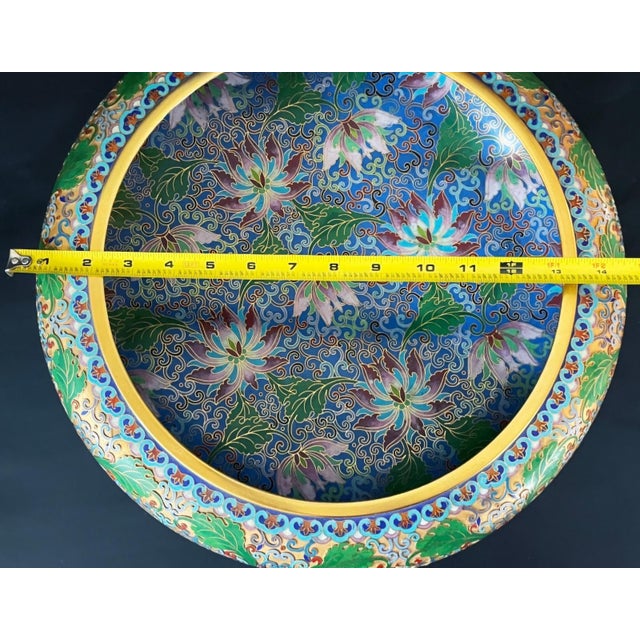 Wood Large Vintage Chinese Cloisonné Lotus Bowl on Carved Wood Stand, 14 Inches For Sale - Image 7 of 8