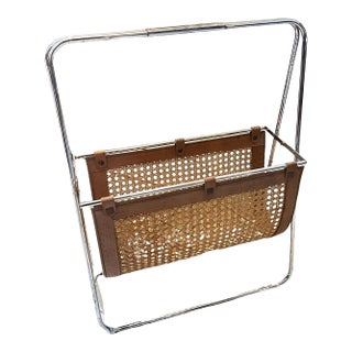 1970s Mid-Century Modern Steel, Leather and Wicker Italian Magazine Stand For Sale
