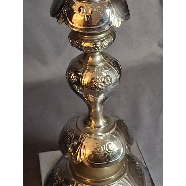 Antique Norblin Warszawa Silverplate Shabbat Candlesticks 12" Rose Judaica Pair 1890 For Sale - Image 9 of 18