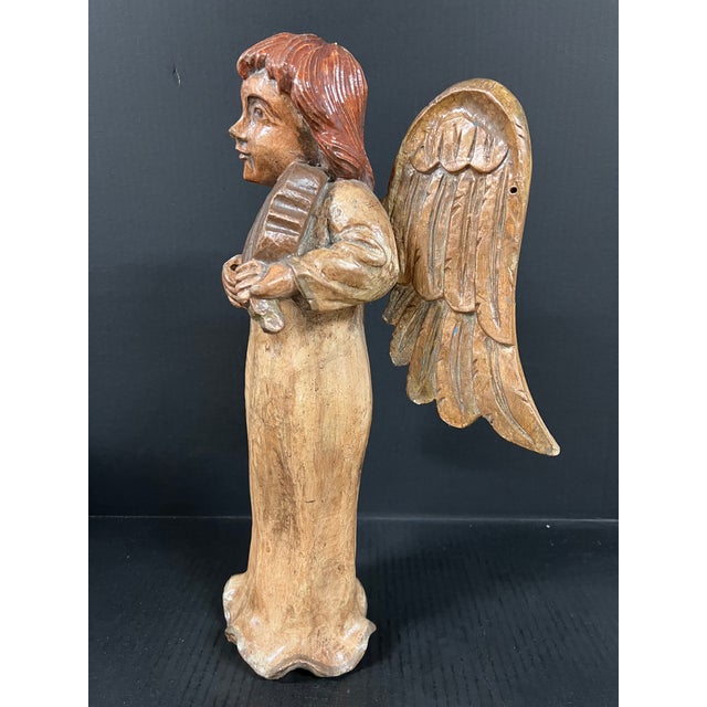 Late 20th Century Vintage Hand Carved Wooden Standing Angel Paying Violin Instrument Sculpture For Sale - Image 5 of 10