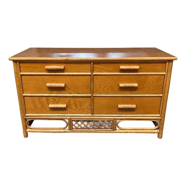 Vintage Bamboo and Rattan Six Drawer Dresser With Lattice Detail For Sale