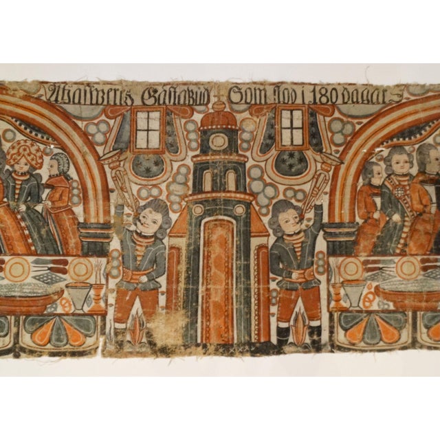 Mid-Century Modern Antique Painted Swedish Folk Art Linen Bonad Depticing Ahasuerus’ Banquet, Book of Esther For Sale - Image 3 of 12