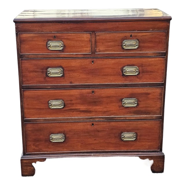 19th Century English Mahogany Five Drawers Chest With Inlaid Top For Sale