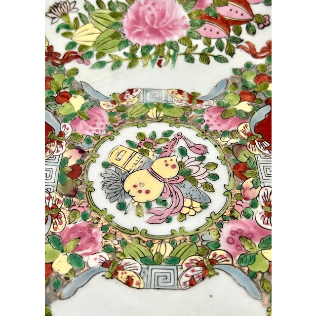 Large Old Rose Mandarin / Medallion Chinese Porcelain Export Punch Bowl, Wood Stand & Auspicious Objects & Gilt Work, Signed, 14" For Sale - Image 12 of 15