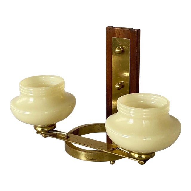 1930s French Art Deco Double Light Wall Sconce, American Shades, Brass and Wood For Sale