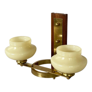 1930s French Art Deco Double Light Wall Sconce, American Shades, Brass and Wood