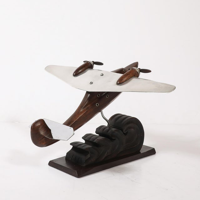 Brown Art Deco Anthoine Art Bois Carved Wood and Metal Seaplane Model on Stand For Sale - Image 8 of 14