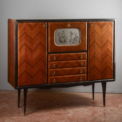 Herringbone Veneered Sideboard with Bar Drop-Down Door For Sale - Image 3 of 9