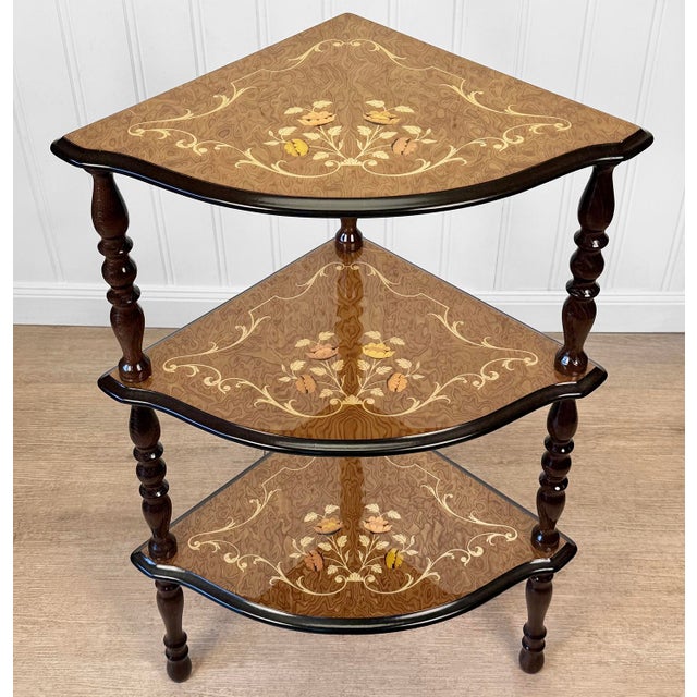 - Original 1970’s Italian Rococo Corner Shelf - Walnut Veneered Top with Wonderful Fruitwood Inlay - Clear Piano Lacquered...