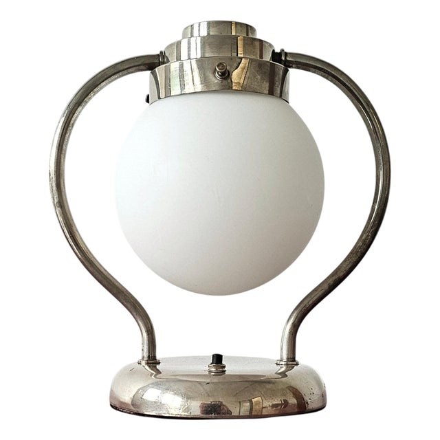 Art Deco Table Lamp with Opaline Glass Ball Shade and Chrome Stand, 1930 For Sale