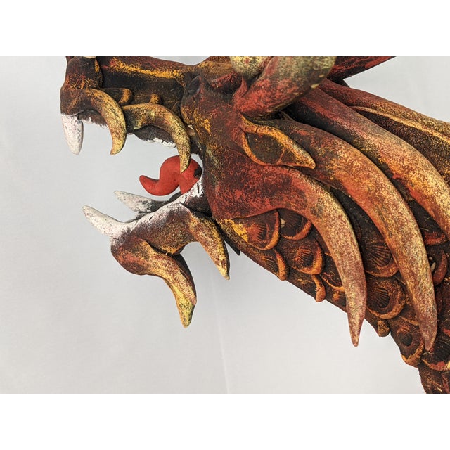 Mid 20th Century Monumental Hand-Carved Asian Dragon Coiled Around Natural Tree Trunk Sculpture With Original Polychrome Finish 40" For Sale In New York - Image 6 of 18