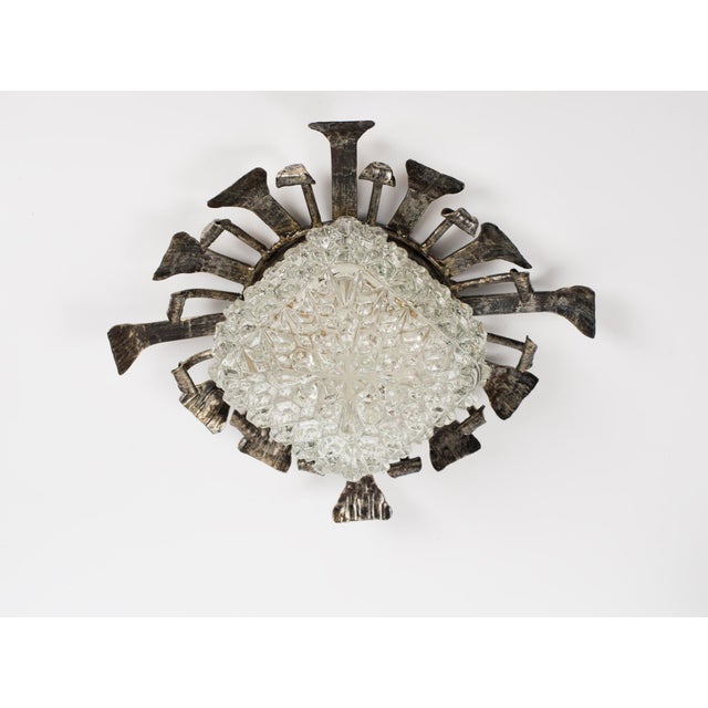 Mid-Century Modern 1950s Spanish Brutalist Flush Mount Ceiling Light – Silvered Wrought Iron & Heavy Embossed Glass For Sale - Image 3 of 14