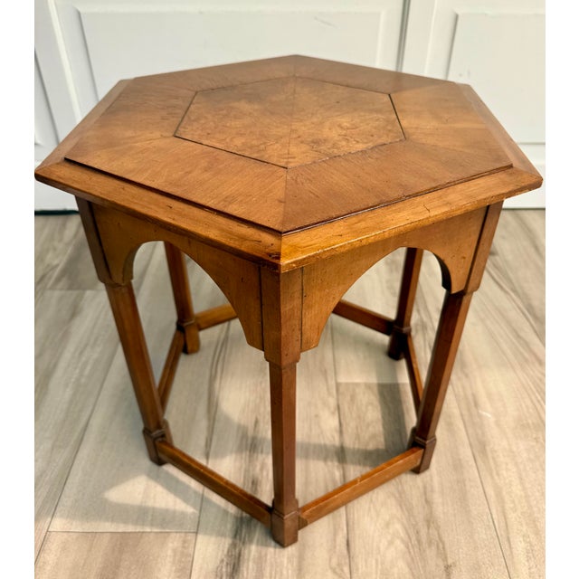 Baker Furniture Company Vintage Hexagonal Traditional Side Table With Burl Wood Top For Sale - Image 4 of 12