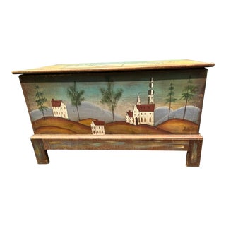 1980s Vintage Hand Painted Signed and Dated Folk Art Style Blanket Chest No Lock For Sale