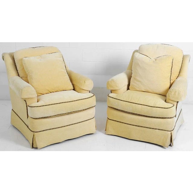 An attractive and elegant pair of Sherrill Furniture finely upholstered lounge chairs. Chairs are well made and oh, so...