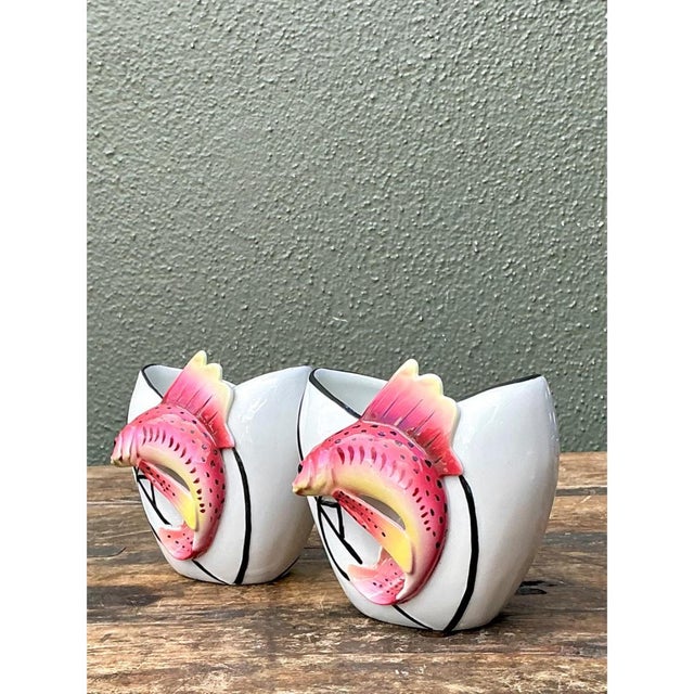 White Vintage Stafford Ceramic Leaping Fish Vases - Pair For Sale - Image 8 of 12
