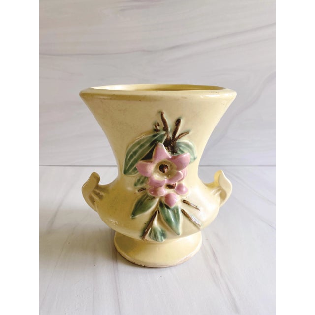 Art Deco Vintage McCoy Yellow Floral Pottery Urn Flower Vase For Sale - Image 3 of 9