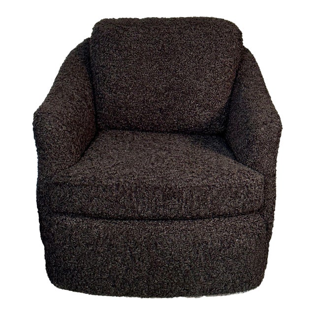 Mid-Century Modern Black Boucle Tub / Swivel / Lounge Chair, Faux Fur For Sale
