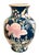 Vintage Chinoiserie-style ceramic vase with a deep teal / blue background and hand-painted pink and yellow floral peony...