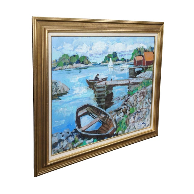 Impressionist 20th Century Impressionist Oil on Canvas Dockside Seascape Painting Framed 40" For Sale - Image 3 of 11