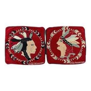 Vintage Judi Boisson 2004 Hand-Hooked Figural Pillow Covers in Cranberry Red - Pair, Unused For Sale