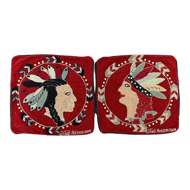 Vintage Judi Boisson 2004 Hand-Hooked Figural Pillow Covers in Cranberry Red - Pair, Unused For Sale