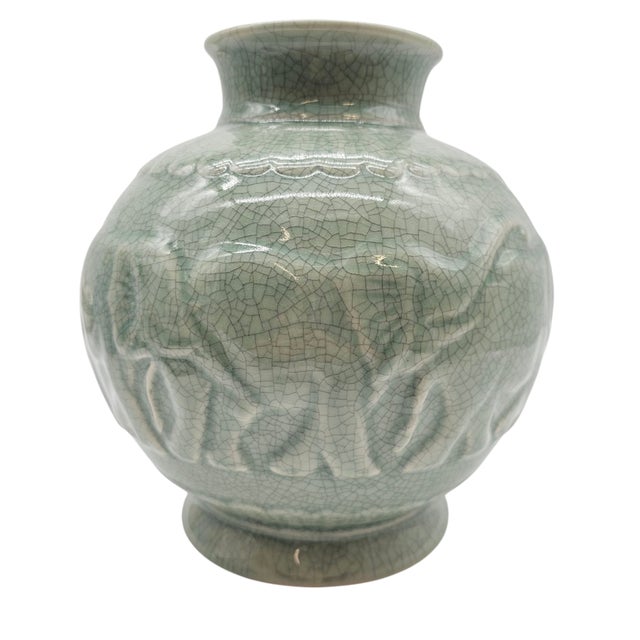Asian Maitland Smith Thai Celadon Crackle Glazed Porcelain Vase With Elephant Relief For Sale - Image 3 of 8