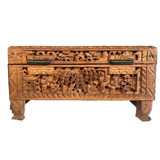 Chinese Vintage Chinese Hand-Carved Camphor Wood Box For Sale - Image 3 of 8