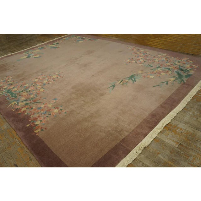 1920s Tan Taupe Open Field Floral Antique Chinese Art Deco Carpet 8'10'' X 11'8'' Knotted Wool Rug For Sale - Image 4 of 12