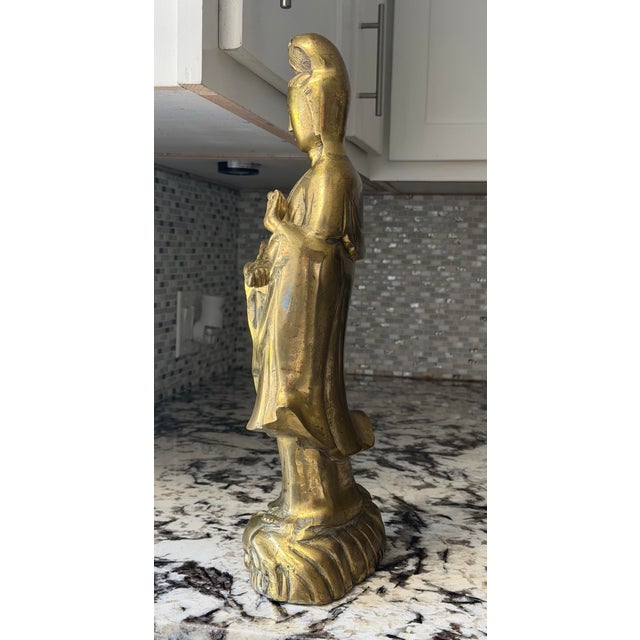 Chinese Vintage Cast Brass Guanyin Figure on Fish and Wave Base For Sale - Image 3 of 9
