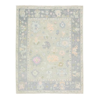 8x10 Modern Oushak Style Hand-Knotted Wool Area Rug – Pastel Sage & Slate Blue For Sale