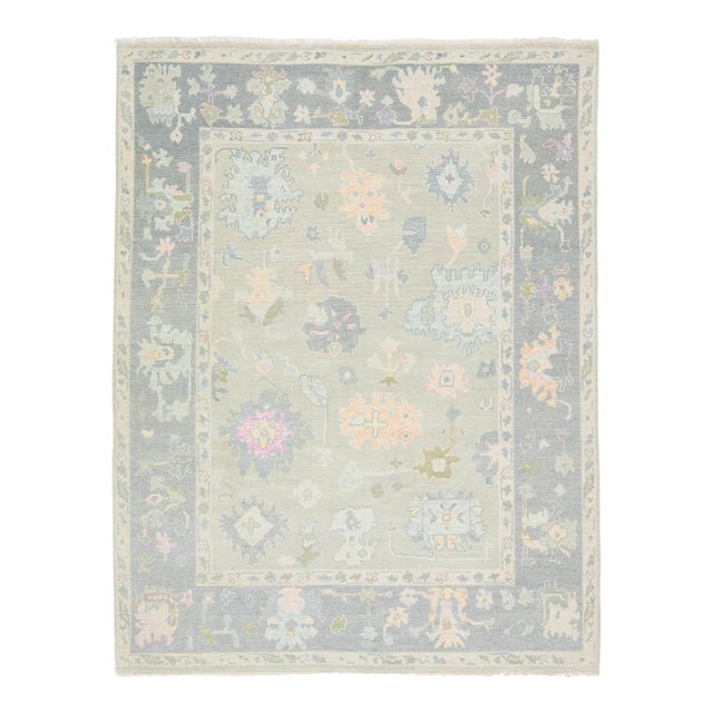 8x10 Modern Oushak Style Hand-Knotted Wool Area Rug – Pastel Sage & Slate Blue For Sale