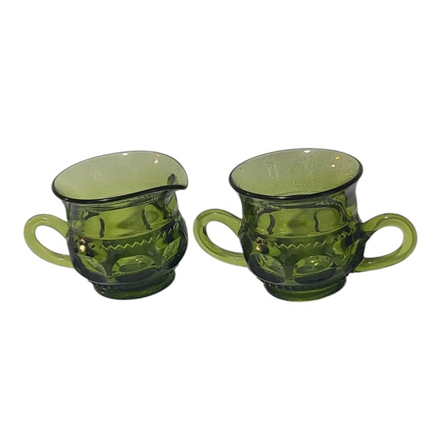 Green Vintage Green Indiana Glass Thumbprint Creamer & Sugar Set- 2 Pieces For Sale - Image 8 of 8